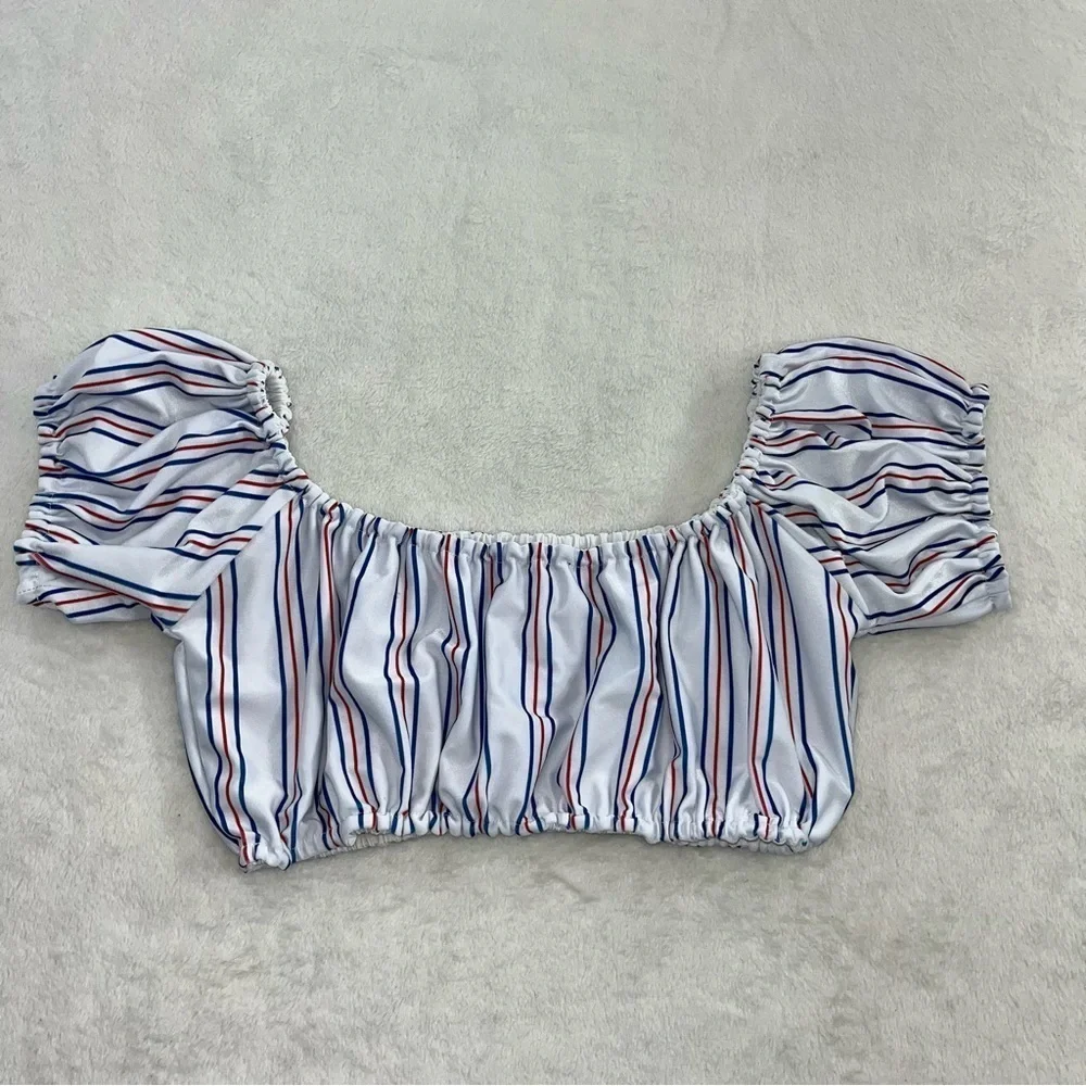 Lovers + Friends Red White Blue Striped Swim Top Size SM Ruffle Cap Sleeve Crop